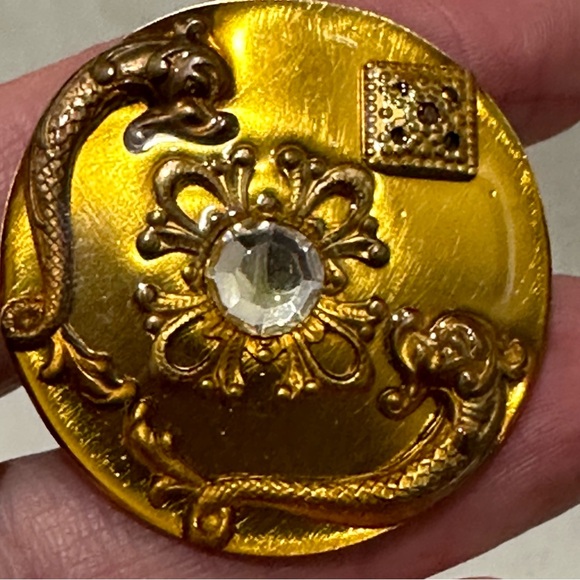 Vintage Patti Horn Gold Tone Round Clip On Earrings Signed Center Rhinestone - Picture 6 of 11